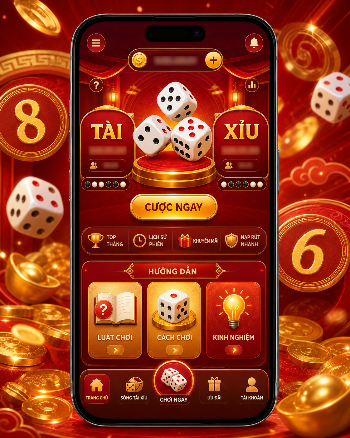 Tài Xỉu mobile interface example with red gold dice panels