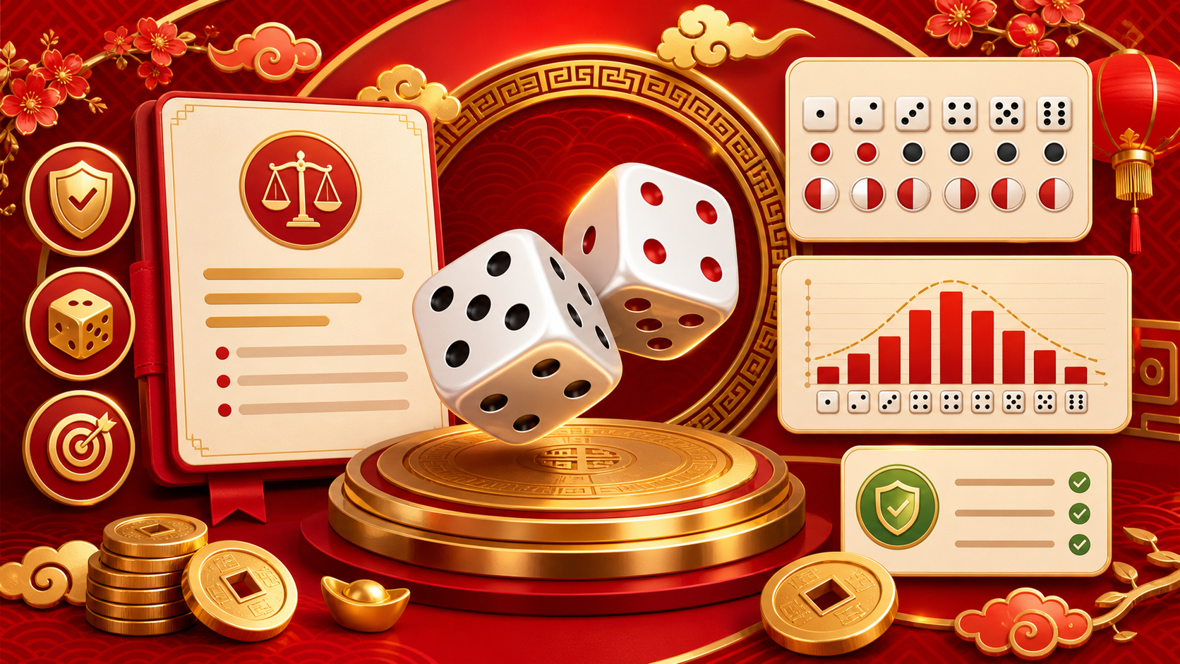 Tài Xỉu rules board with dice totals and chart panels