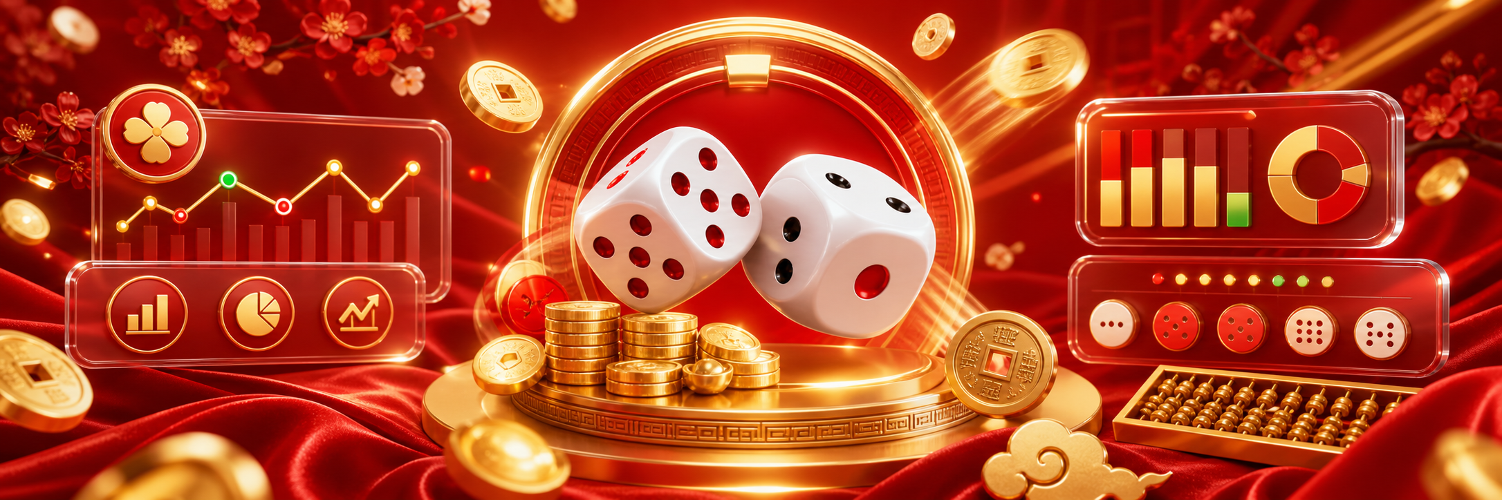 Red gold Tài Xỉu dice scene with chart panels