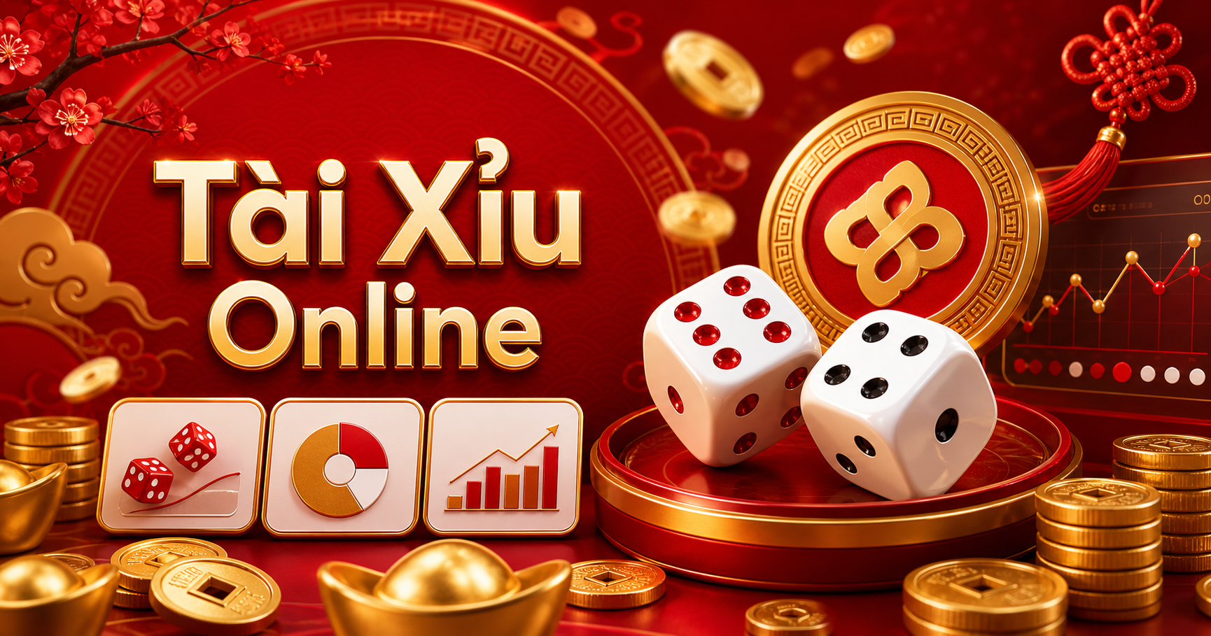 Tài Xỉu online red gold dice scene with chart tiles